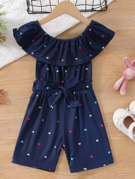 

toddler girls heart print flounce trim belted romper she, Blue