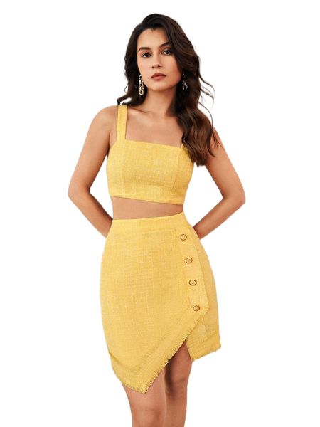 

solid crop cami & asymmetrical raw hem button detail skirt set d1ld#, White