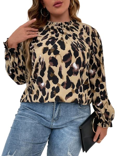

plus frill trim allover print blouse s4rd#, Black