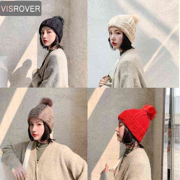 Visrover 4 colorir acrílico de inverno chapéu para mulher cor de cor sólida pompom chapéus de outono caxollies de chumbo de atacado J220722