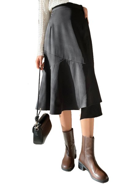 

dazy high waist ruffle asymmetrical hem zip back skirt o6tm#, Black