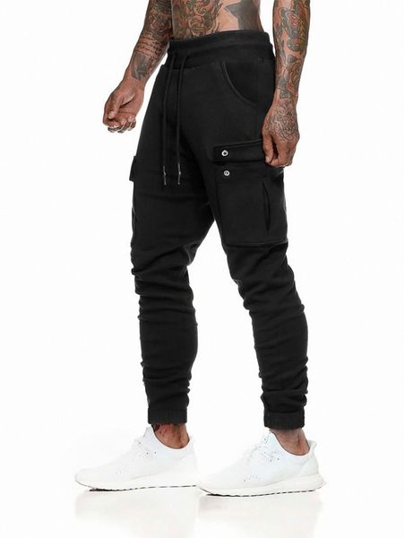 

men flap pocket side drawstring waist sweatpants p5l2#, Black