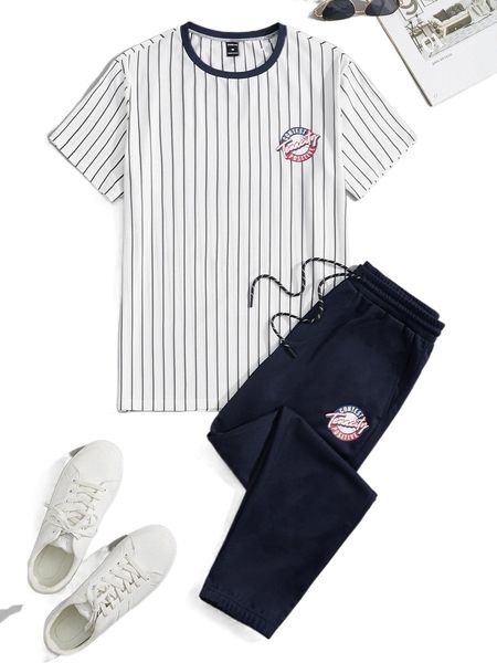 

men striped & letter graphic tee & drawstring waist sweatpants h0tc#, Gray