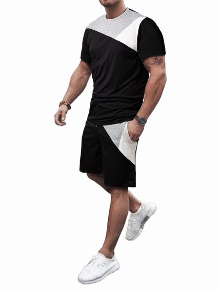 

men color block tee & drawstring waist shorts d1ij#, Gray