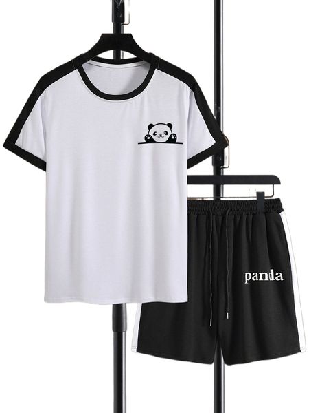 

men cartoon graphic contrast panel tee & shorts m7mi#, Gray