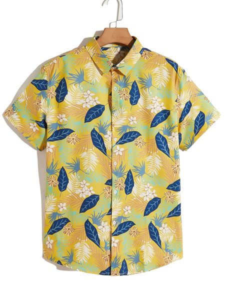 

romwe guys floral & leaf print button front shirt w5q6#, White;black