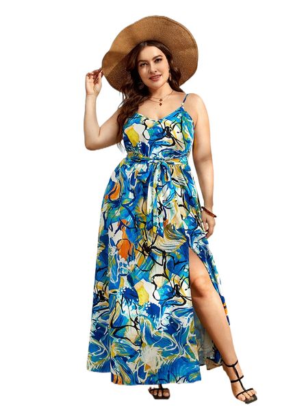 

plus abstract floral print slit thigh belted cami dress s5tx#, Black