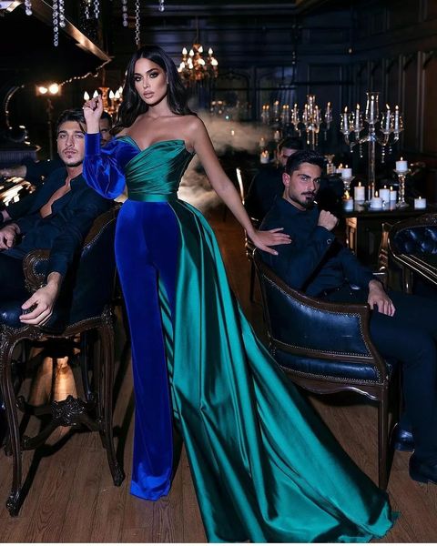 Chic Royal Blue и Green Jumpsuits Вечерние платья Одно плечо Таможенное время выпускные платья Знаменитости Вечеринки для женщин Бархат атласные халаты де Союре