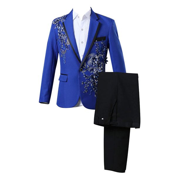

custom made mens slim fit suit 2 pieces tuxedo luxury embroidered suits 1 button print dinner jacket pants prom wedding elegant blazer dress, Black;gray