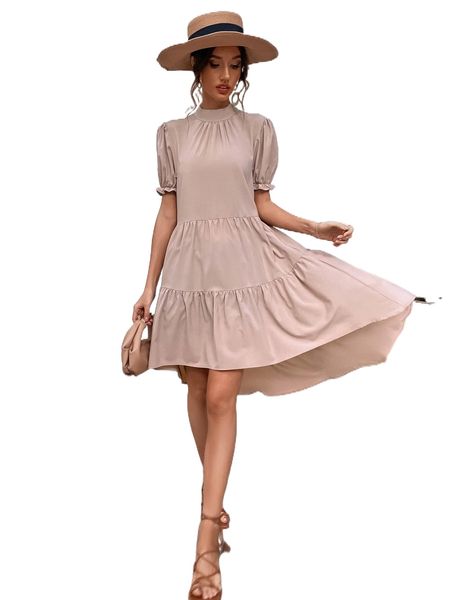 

tie back puff sleeve asymmetrical hem dress p3fu#, Black;gray