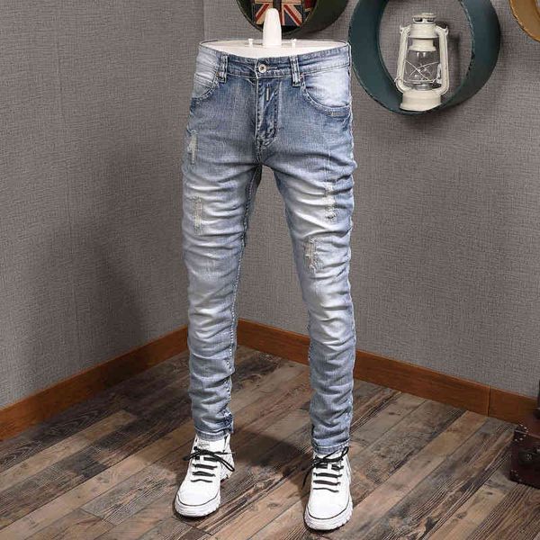 

men's jeans fashionable men's jeans with holes nostalgic light blue white micro elastic slim fit street fashion denim pants men 67