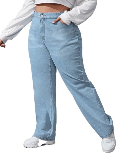 

plus high waist light wash straight leg jeans i2hz#, Blue