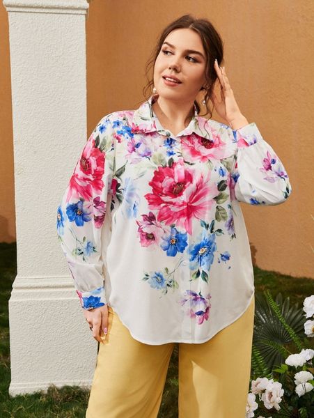 

plus floral print collared blouse 08cm#, Black