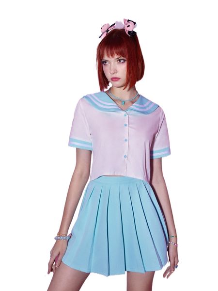 

romwe anime sailor collar button front blouse & solid pleated skirt c33s#, White