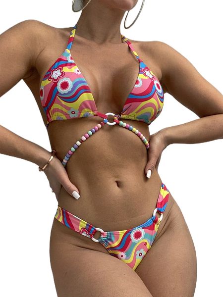 

floral print beaded halter bikini swimsuit l9un#, White;black