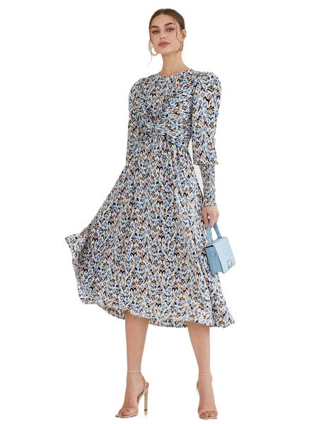 

allover print shirred cuff gigot sleeve dress a5xo#, Black;gray