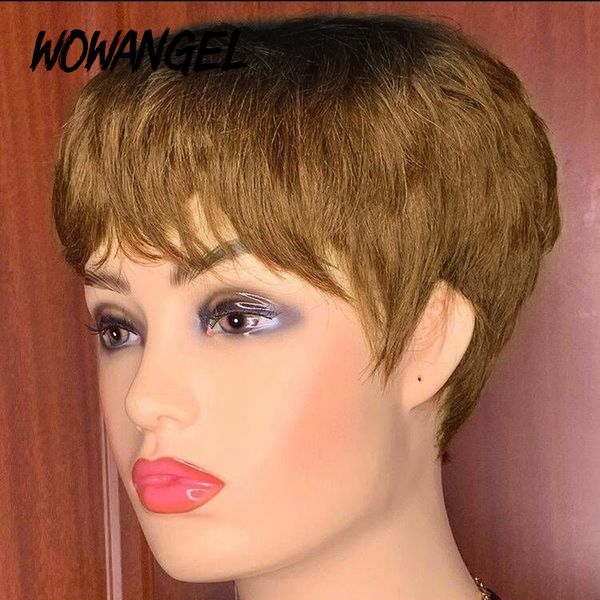 

short pixie cut human hair wigs straight bob wig with bangs full machine made for black women daily wear