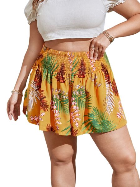 

plus tropical print shirred waist wide leg shorts 68wn#, Black