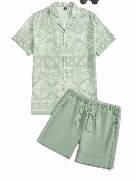 

men geo print shirt & drawstring waist shorts g4dk#, Gray