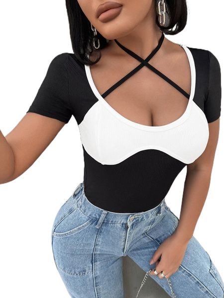 

sxy two tone criss cross tie back tee s46f#, White