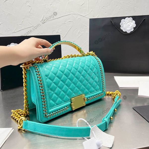 

24cm women french le designer bags genuine leather handle classic boy handbag gold-tone metal hardware letter badge diamond quilting quilted