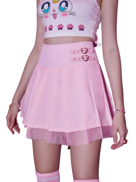 

romwe anime contrast mesh pleated skirt 05tk#, Black