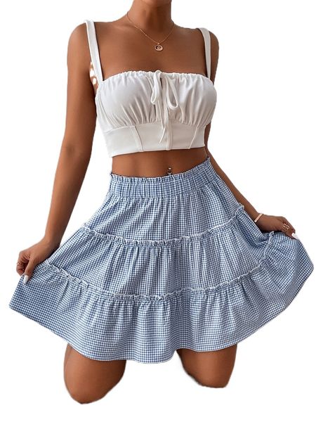 

gingham print paperbag waist frill trim skirt 25uo#, Black