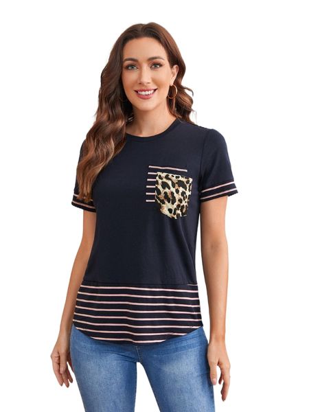 

emery rose pocket patched striped & leopard print tee o6ho#, White