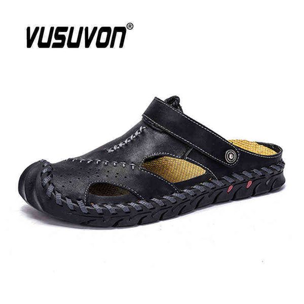

men slippers 2021 sandals and fashion solid color leather summer shoes casual comfortable soft beach shoe for male 38 48 220216, Black