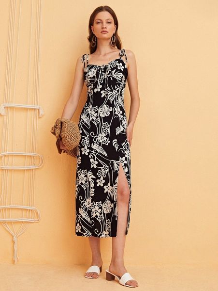 

floral print knot shoulder tie front split thigh dress h4rf#, Black;gray