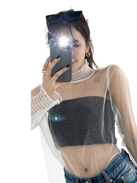 

dazy shirred lantern sleeve mesh without camisole m2s3#, White