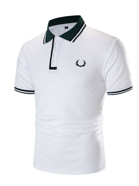 

men contrast collar stripe trim polo shirt m7af#, White;black