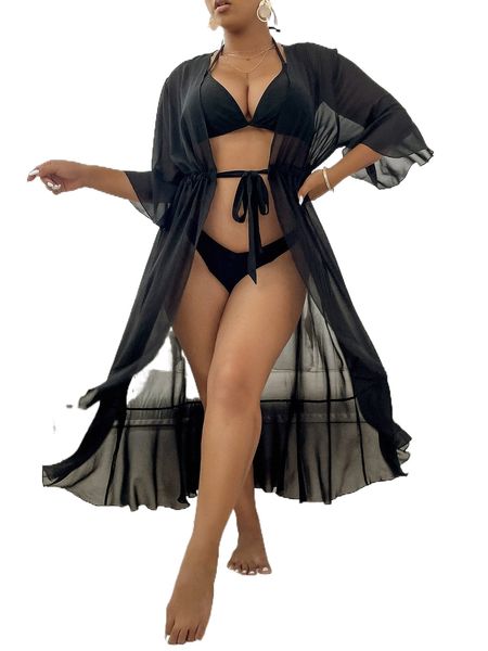 

plus tie front sheer kimono e8mx#, Black;gray