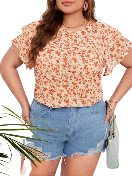 

plus ditsy floral butterfly sleeve blouse b9b4#, Black