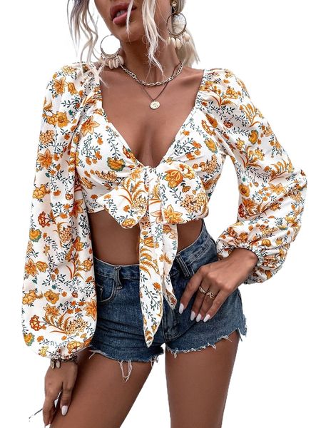 

floral print knot front lantern sleeve crop l2hx#, White