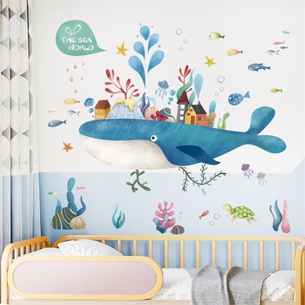 Cartoon Fairy Whale Island Wall Sticker Kids Baby Rooms Home Decoração PVC Decalques murais Adesivos Nursery Decoração de parede T200601