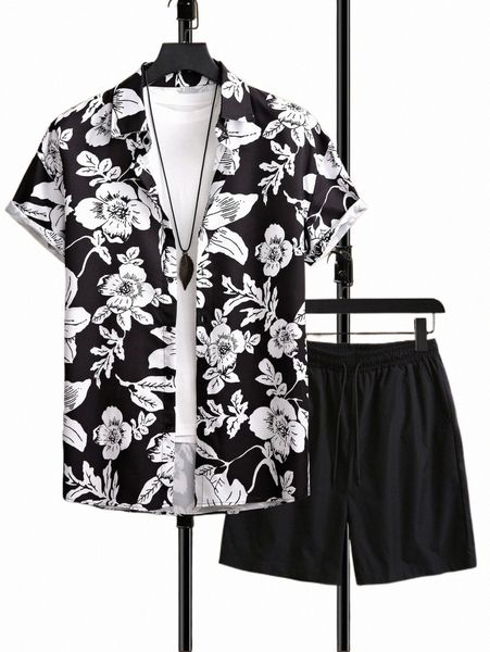 

men random floral print shirt & drawstring waist shorts without tee y40w#, Gray