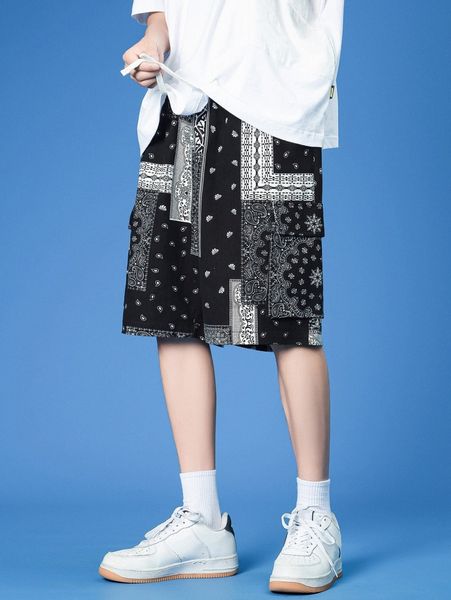 

men paisley print drawstring waist shorts d7ui#, White;black