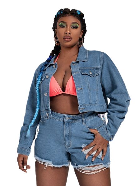 

plus ruched flap detail button front crop denim jacket o83a#, Black;brown