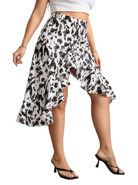 

plus allover print asymmetrical ruffle hem skirt z8ri#, Black