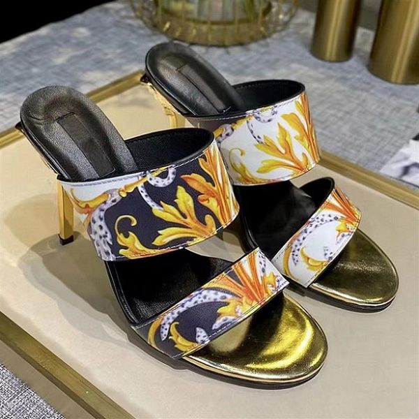 

2021 spring and summer new high-heeled slippers cowhide fabric printing fashion temperament lady high-heels sandals high-heeled 10295v, Black