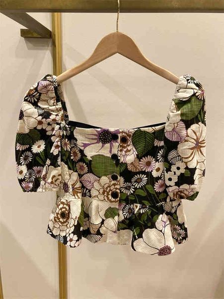 

women's polos square neck bubble sleeve retro short shirt female french minority spring summer floral shirt top, White