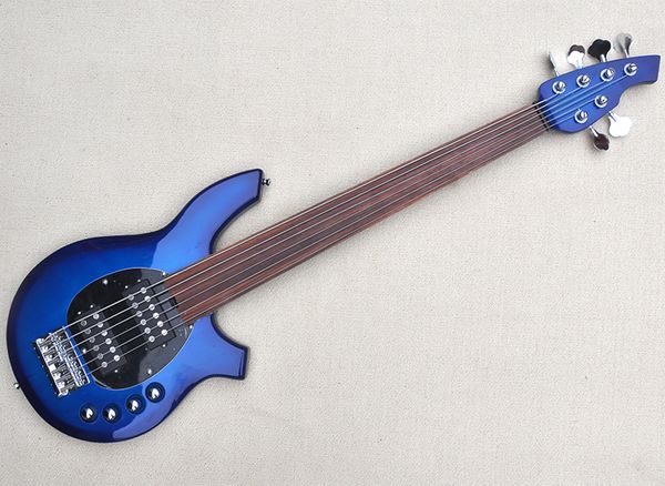 

6 strings fretless blue electric bass guitar with rosewood fretboard
