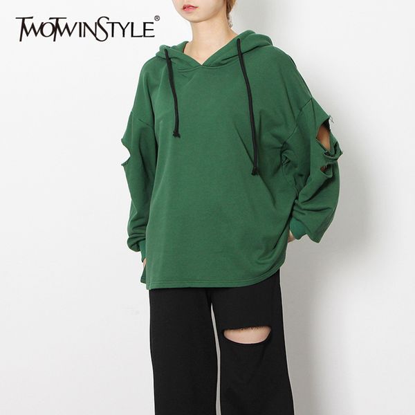 

hollow out casual sweatshirt for women hooded collar long sleeve minimalist loose sweatshirts female fashion 210423, Black