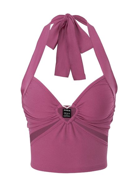 

rib knit heart ring cut out tie backless halter c7ht#, White