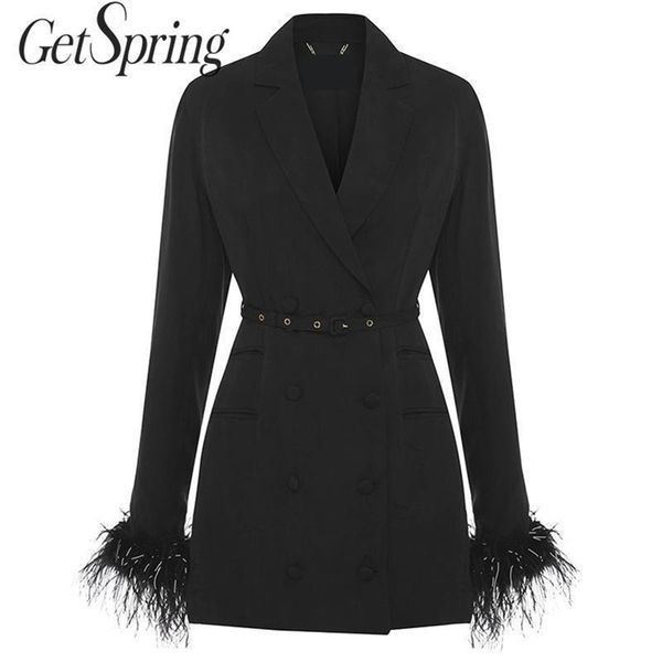 

getspring women blazer long black feather blazer jackets belt bandage women blazers jackets vintage coats new women spring 201106, White;black