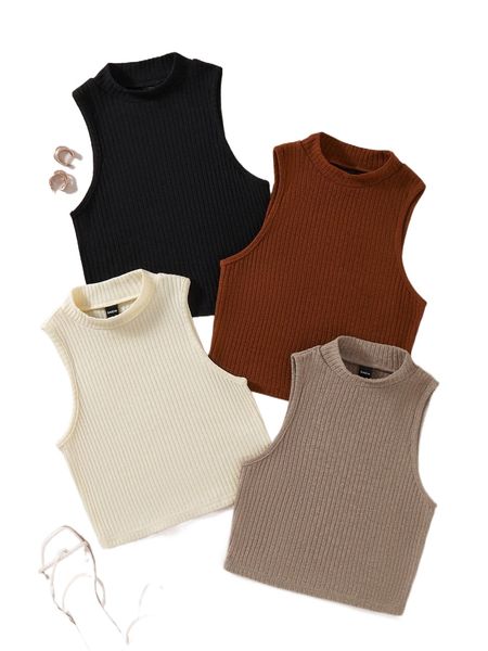 

4pcs ribbed knit mock neck tank p4qs#, White