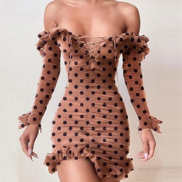 

polka dot off shoulder frill laceup ruched bodycon dress y200418, Black;gray
