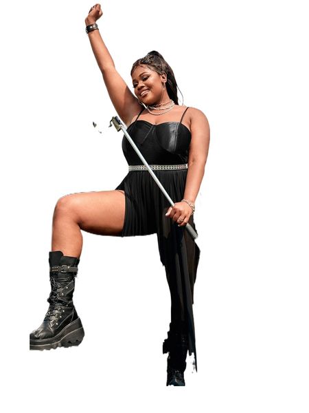 

plus split thigh contrast mesh cami dress without belt c1yo#, Black