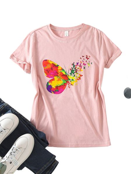 

butterfly print round neck tee y8m7#, White